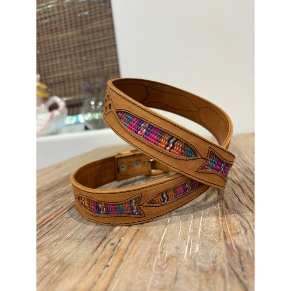 Vintage Tooled Leather Woven Stitched Fish Inlay Cutout Belt Size 34 - Picture 4 of 6